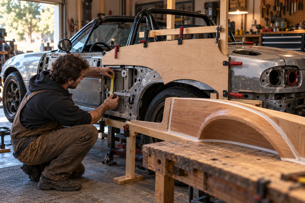 A craftsman in work clothes measures the metal door frame of a Mazda Miata while fitting custom wooden body panels in a workshop