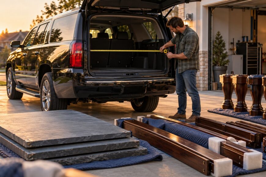 A man using a tape measure inside the trunk of a black Chevrolet Suburban with disassembled pool table parts on the ground outside