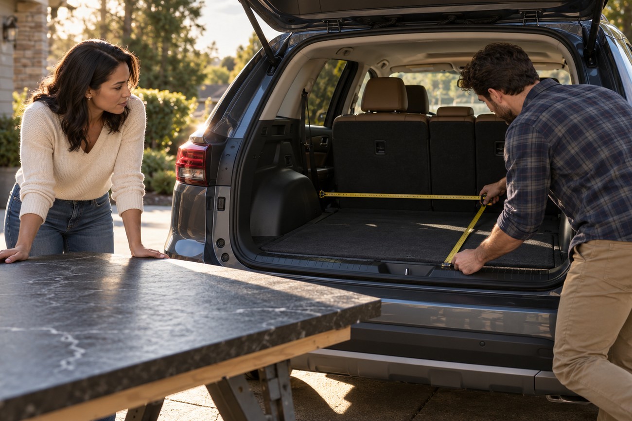 A man measures the trunk space of a Chevrolet Suburban with a tape measure while a woman stands next to a pool table piece