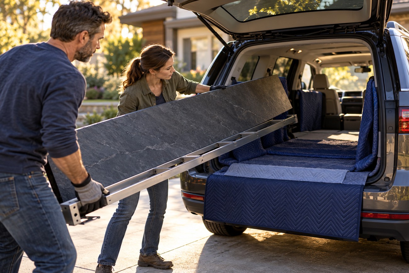 A man and a woman loading a heavy pool table slate into the back of a Chevrolet Suburban SUV protected with blue moving blankets