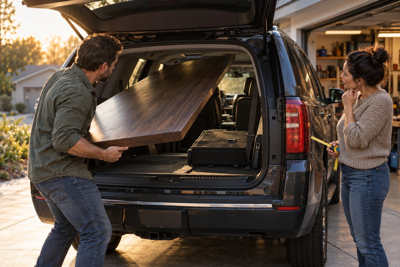 A man loading a wooden pool table top into the trunk of a black Chevrolet Suburban while a woman holds a measuring tape