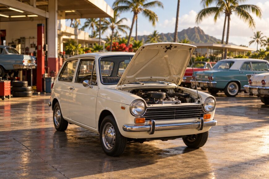 Vintage white Honda N600 with open hood parked on a concrete lot outside a garage with tropical background