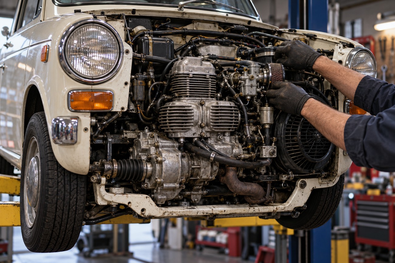 A mechanic wearing dark gloves works on the engine of a vintage white Honda N600 raised on a lift in a workshop