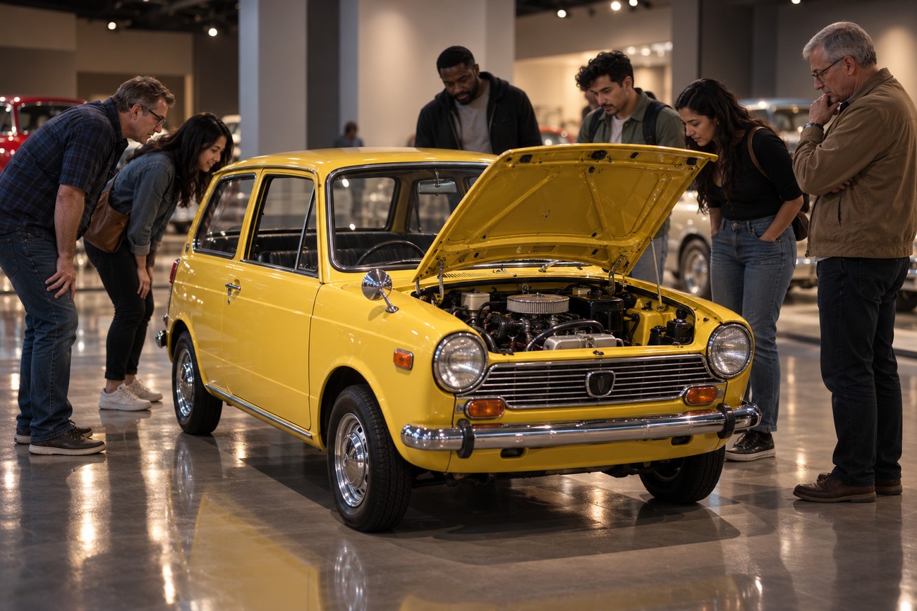 Visitors looking at a bright yellow vintage Honda N600 car with its hood open in a museum showroom