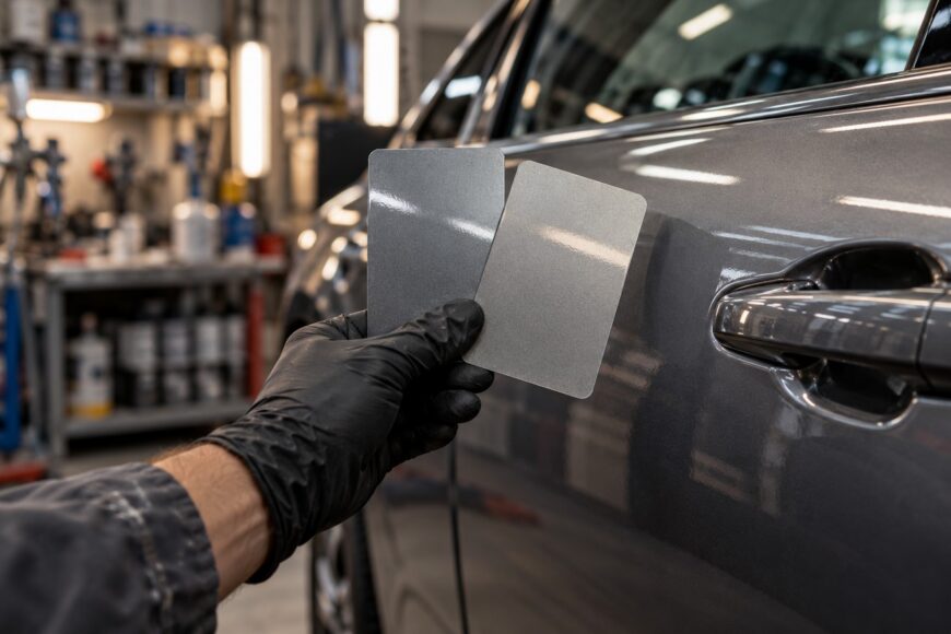 A technician wearing a black glove compares grey paint swatch cards with the factory paint on a car door in an auto repair shop