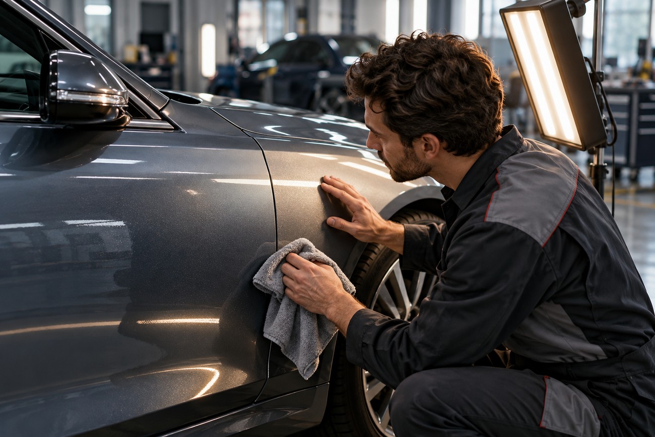 Mechanic inspecting the factory paint match and finish on a grey car fender in a workshop