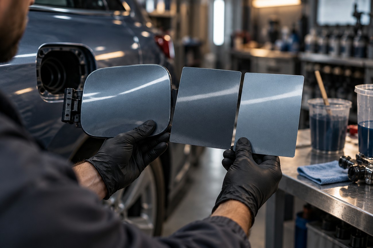 A mechanic in black gloves comparing a car fuel flap with gray paint test panels in an auto repair shop