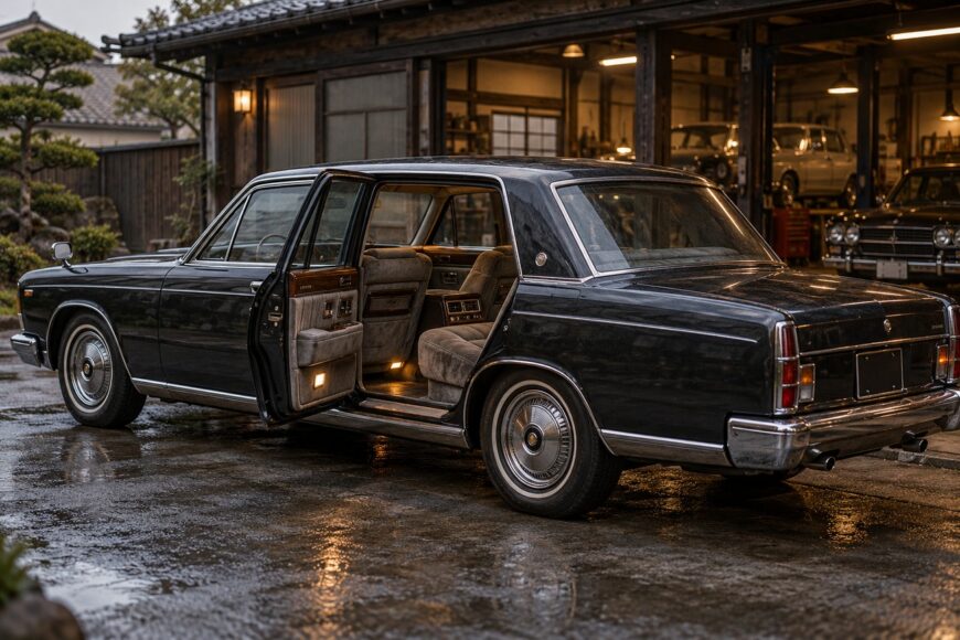 Classic black Nissan President executive limousine with open doors parked outside a traditional garage in Japan
