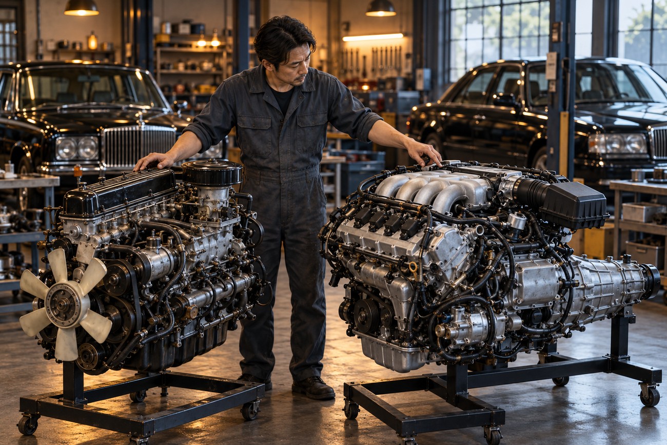 A mechanic in overalls stands in a workshop between two engine stands showcasing Nissan President engines with classic cars in the background