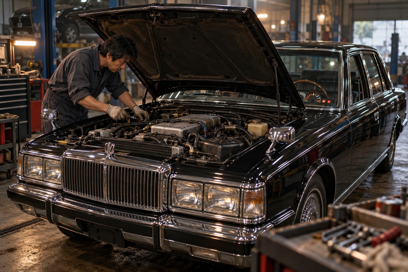 Mechanic in overalls inspecting the engine bay of a classic black Nissan President luxury sedan inside a garage