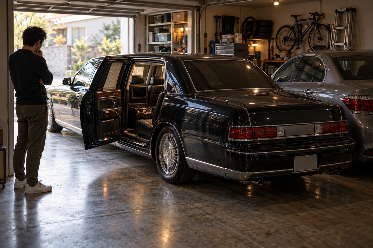 A man standing in a garage looking at a black Nissan President luxury limousine with open doors