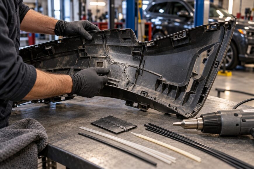 Mechanic in black gloves holding a damaged plastic car bumper with welding tools and plastic rods on the workbench