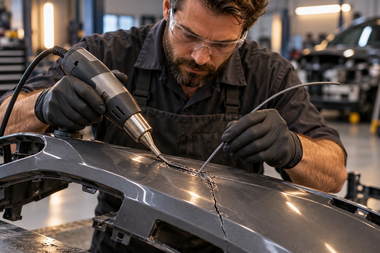 A mechanic wearing safety glasses and black gloves uses a plastic welding tool to repair a damaged car bumper in a workshop