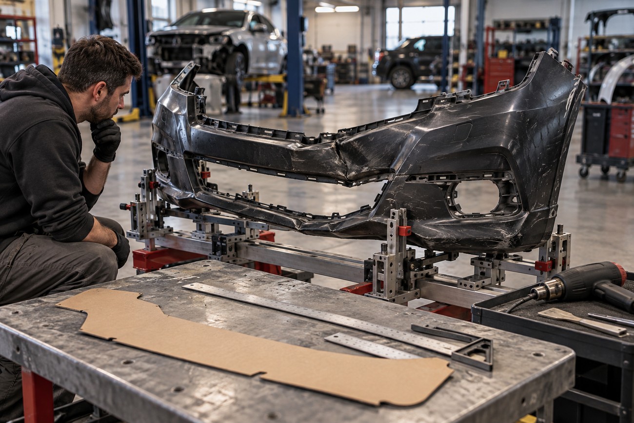 A mechanic inspecting a damaged plastic car bumper mounted on a workshop fixture next to a tool table