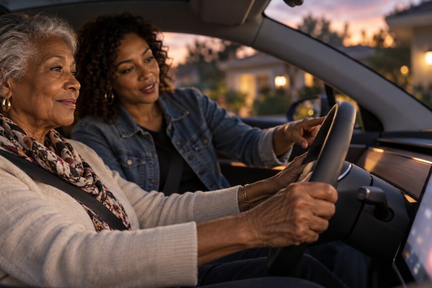 An elderly woman holding the steering wheel in the driver seat of a Tesla while a younger woman points at the dashboard