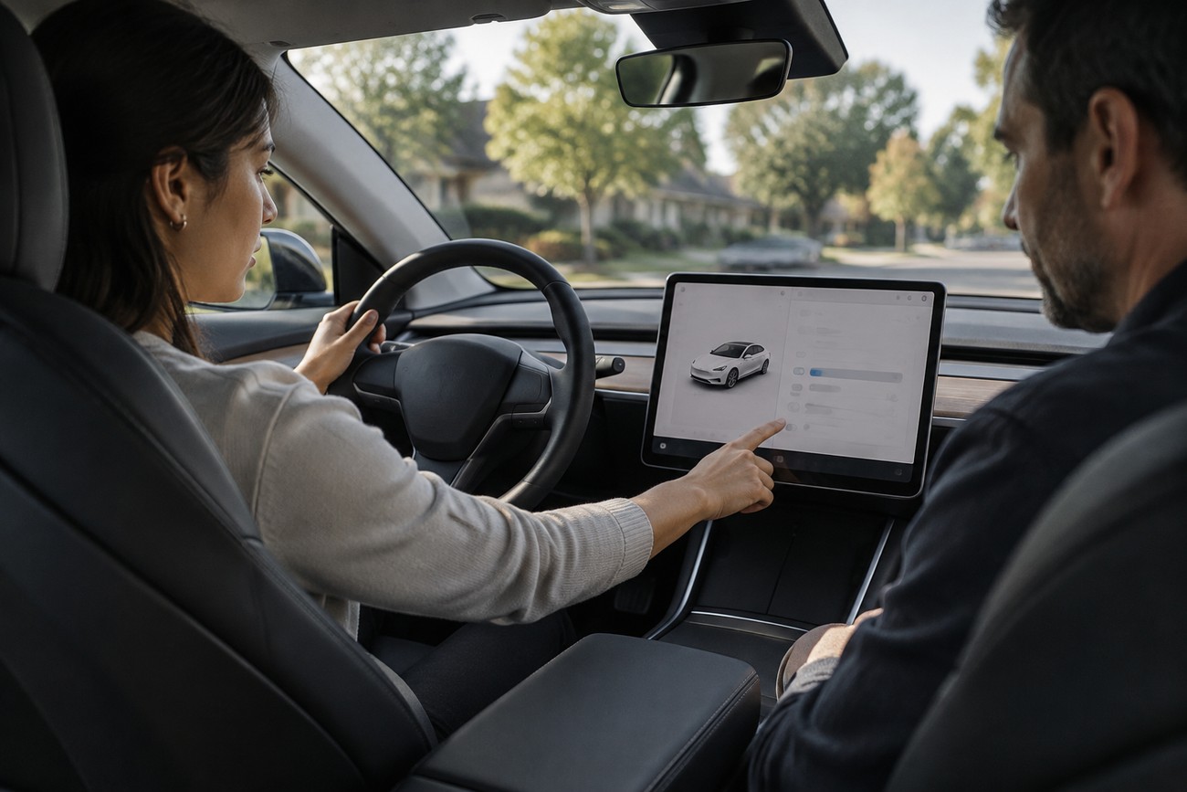 An older woman in the driver seat of a Tesla holding the steering wheel while touching the central control screen