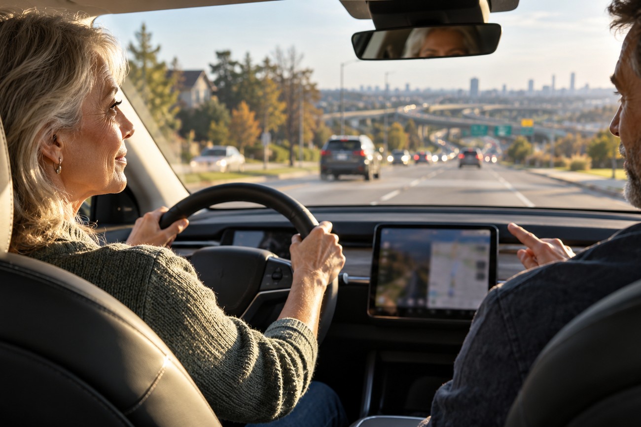 An elderly woman focused on driving her Tesla while a passenger points at the dashboard screen