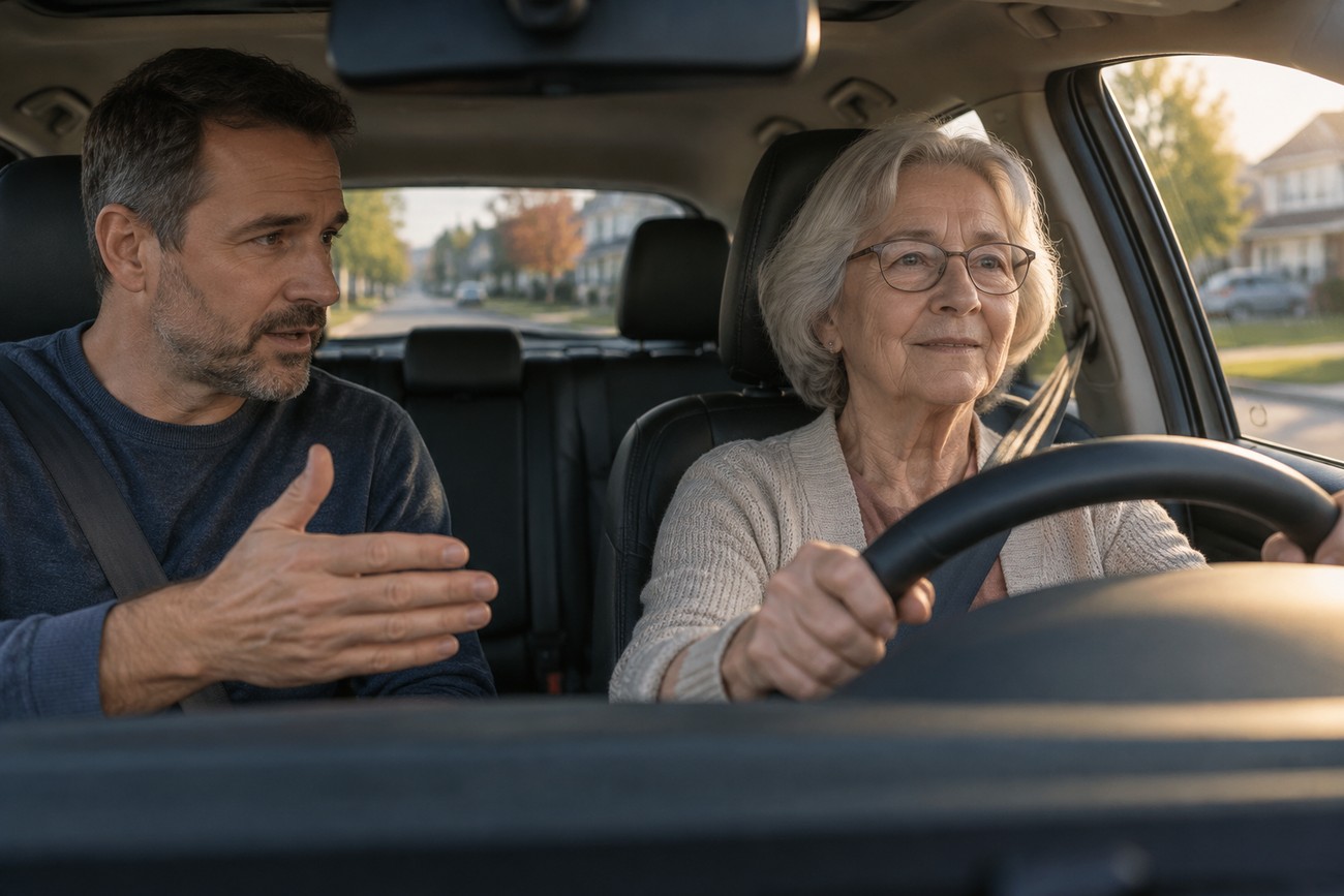 An adult man sits in the passenger seat explaining controls to an elderly woman driving a Tesla