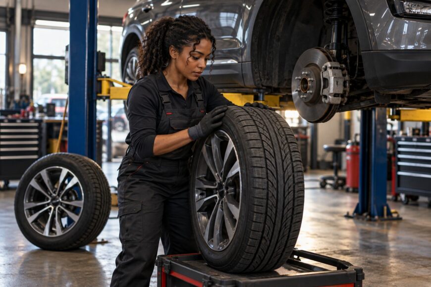 A female mechanic wearing overalls rolls a car tire in an auto repair shop with a lifted vehicle