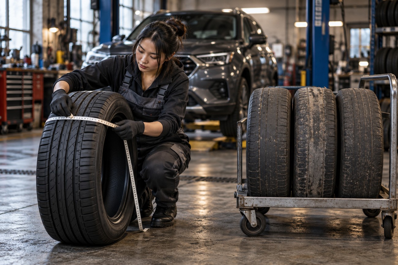 A female mechanic in a uniform kneeling in a garage and measuring a car tire tread with a tape