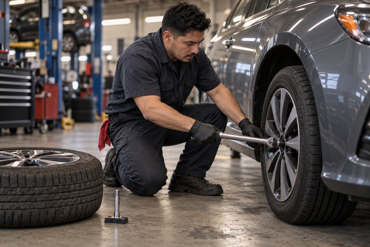 Mechanic wearing black gloves using a torque wrench to tighten lug nuts on a car tire in a repair shop