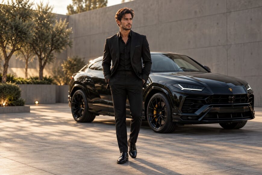 A handsome male model in a black suit walking in front of a black Lamborghini Urus