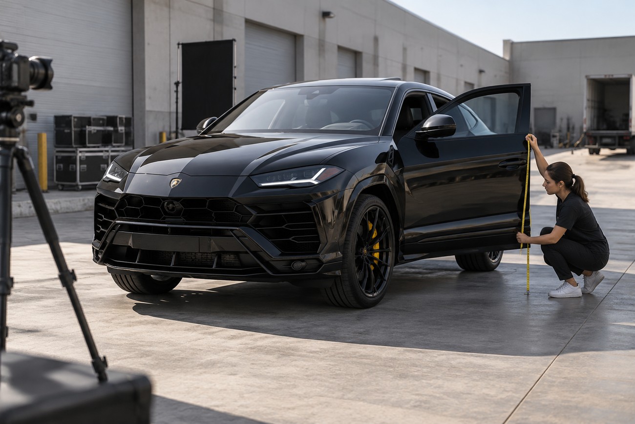 A female stylist measuring the door of a luxury black Lamborghini Urus during fashion shoot preparation outdoors