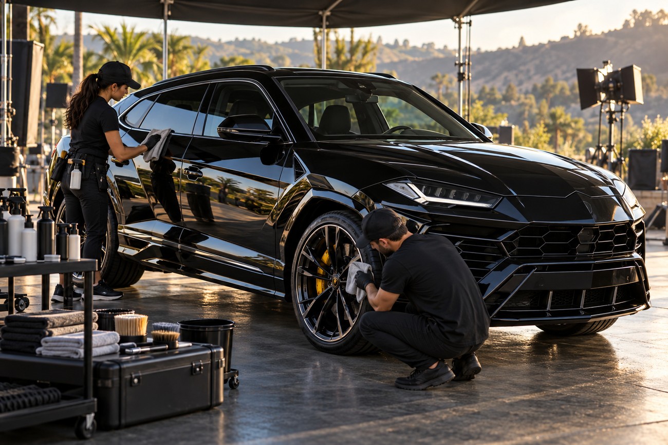 Crew members in black clothing cleaning and polishing a luxury black Lamborghini Urus on an outdoor photo shoot set