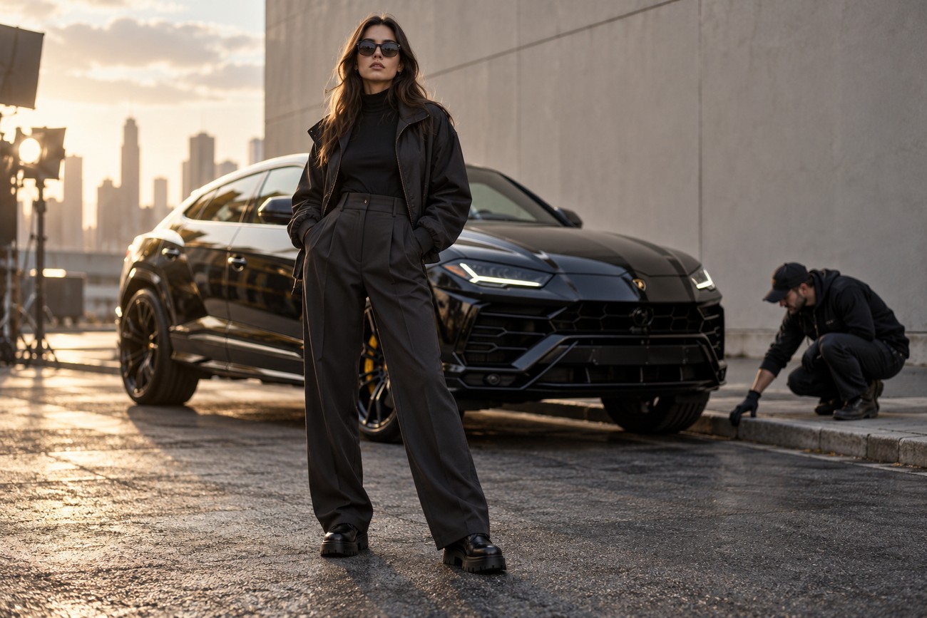 A stylish female model wearing sunglasses and black clothing posing in front of a black Lamborghini Urus during an outdoor fashion photoshoot