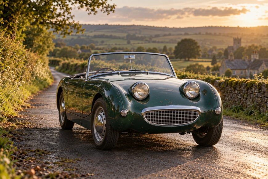 Classic green Austin-Healey Sprite Frogeye roadster parked on a picturesque rural lane at sunset