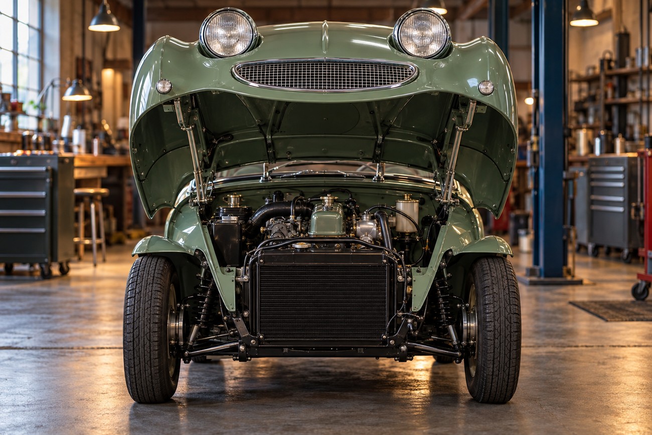 Green classic Austin-Healey Sprite Frogeye sports car with its front bonnet open in a vintage workshop
