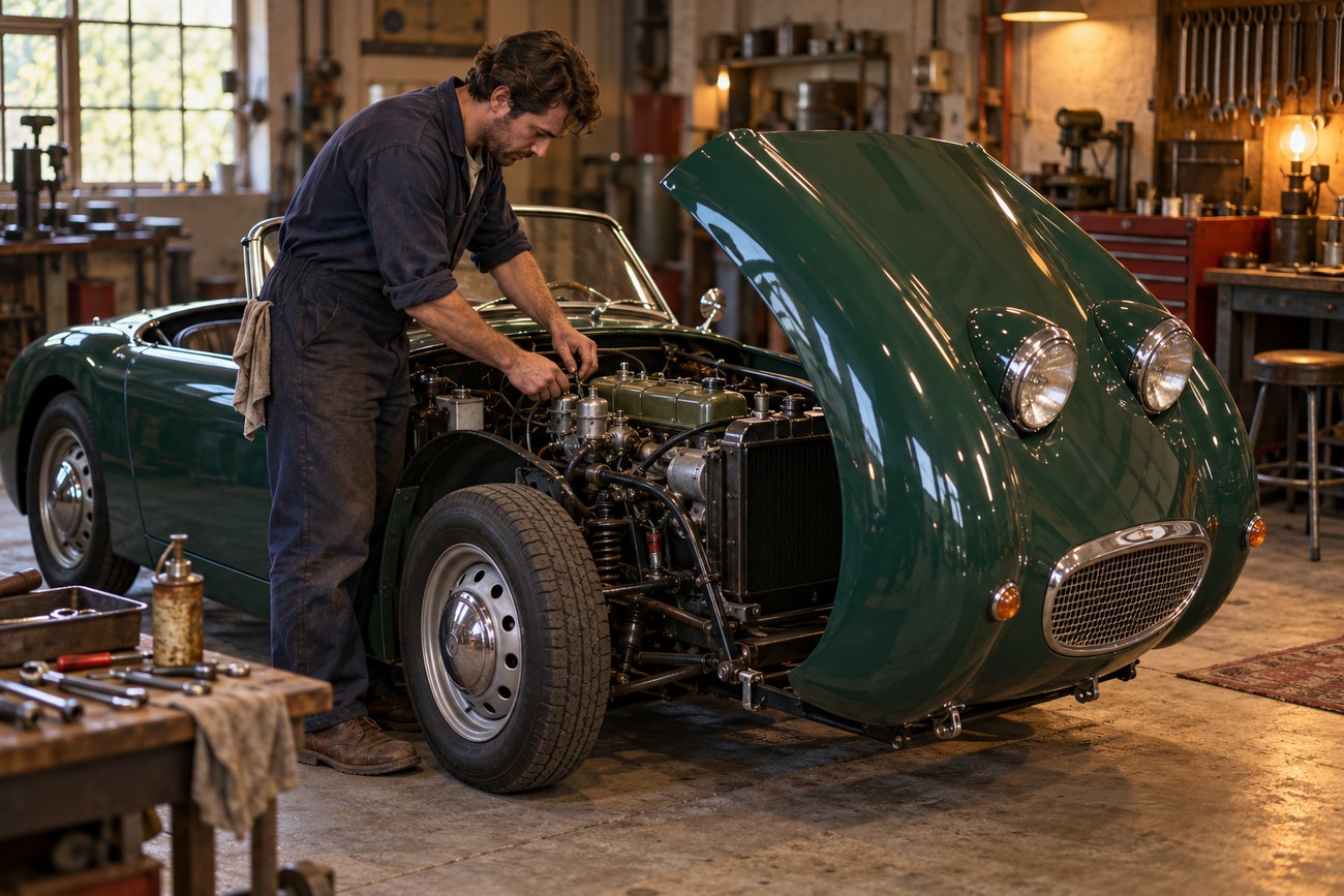 Mechanic working on the engine of a green Austin Healey Sprite Frogeye in a vintage workshop