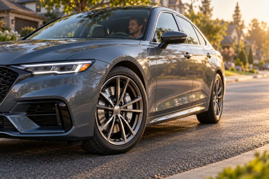A modern grey sedan driving slowly on a sunny suburban street with a focus on the front wheel and brake system