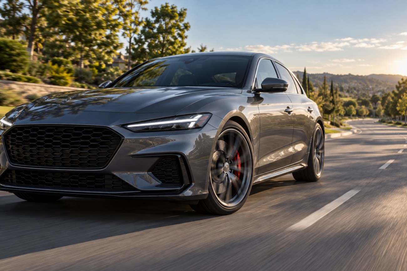 A sleek gray car driving on a suburban road with visible wheels and new brake calipers