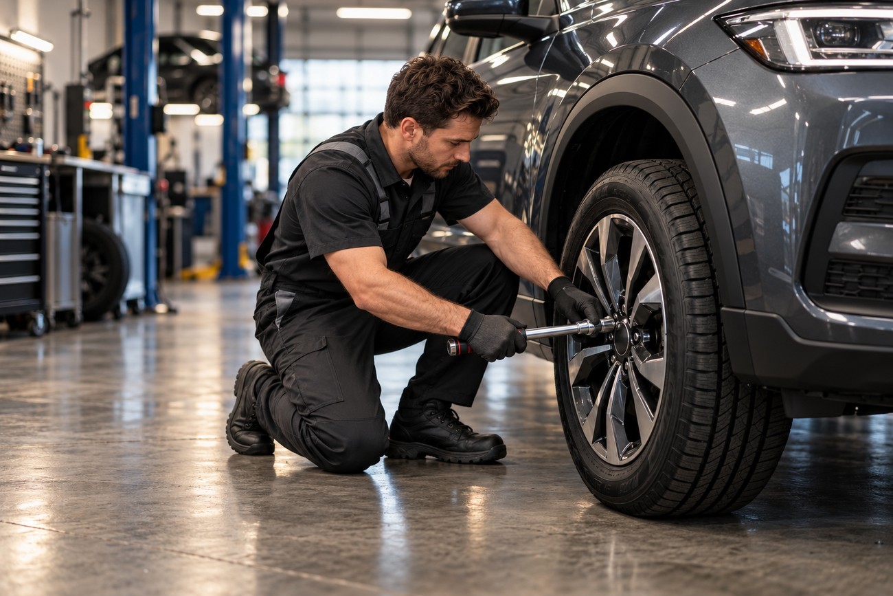 Mechanic in dark uniform tightening wheel nuts with a wrench on a car in a service garage