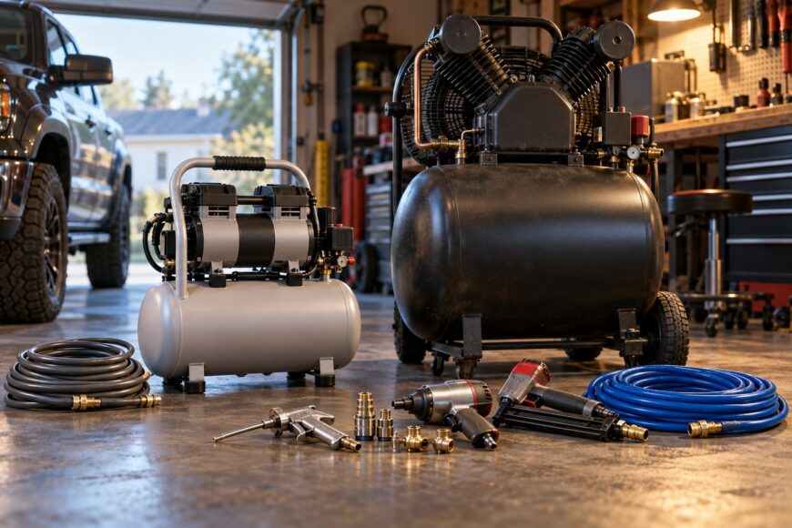 Two different garage air compressors standing on a concrete floor with pneumatic tools and hoses in a workshop