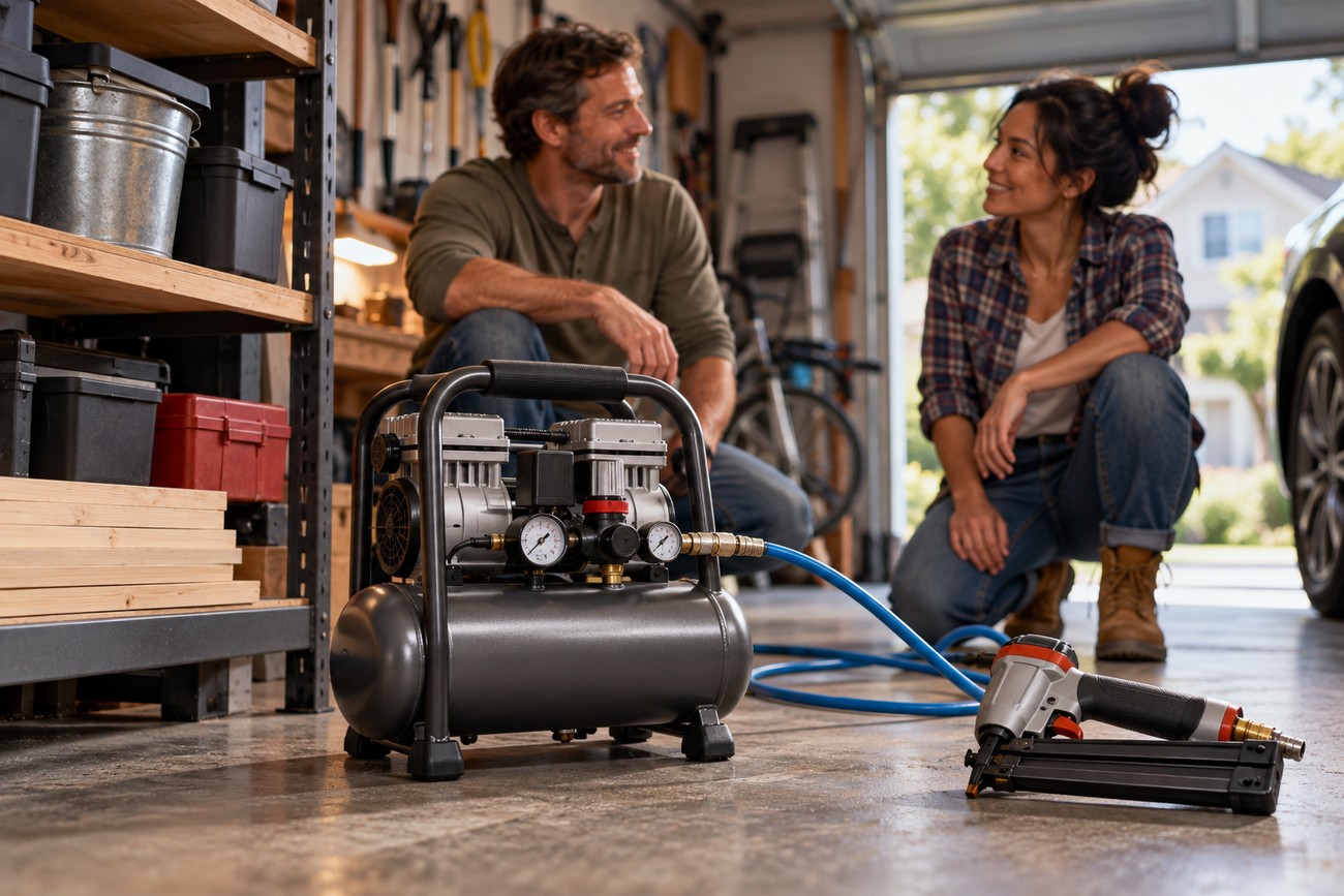 Portable air compressor with a blue hose and nail gun on a garage floor while a man and woman watch