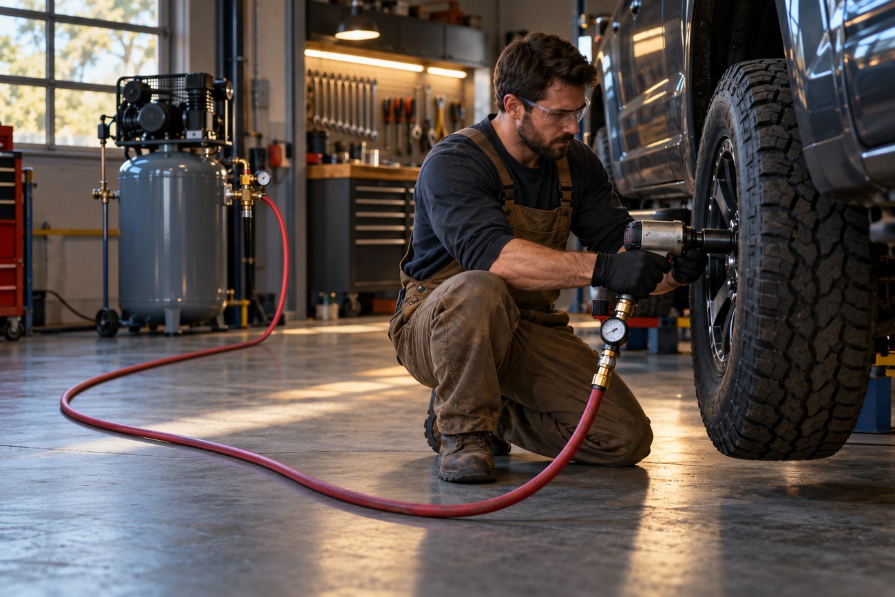Mechanic in overalls uses an air-powered impact wrench connected to a garage compressor to tighten a truck wheel
