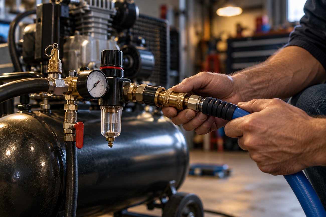 Mechanic connecting a blue pneumatic hose to the brass regulator and pressure gauge of a garage air compressor