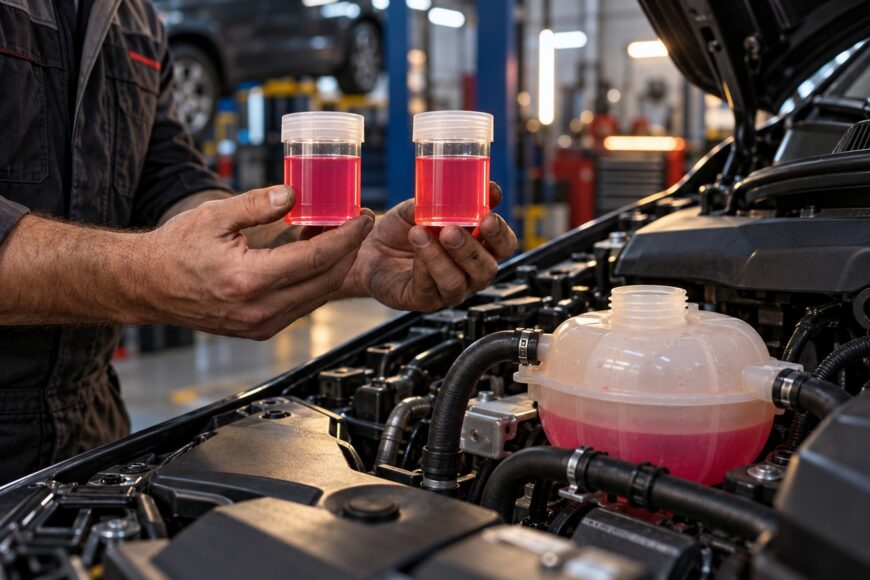 A mechanic holding two small plastic containers with pink coolant samples above an open car engine bay