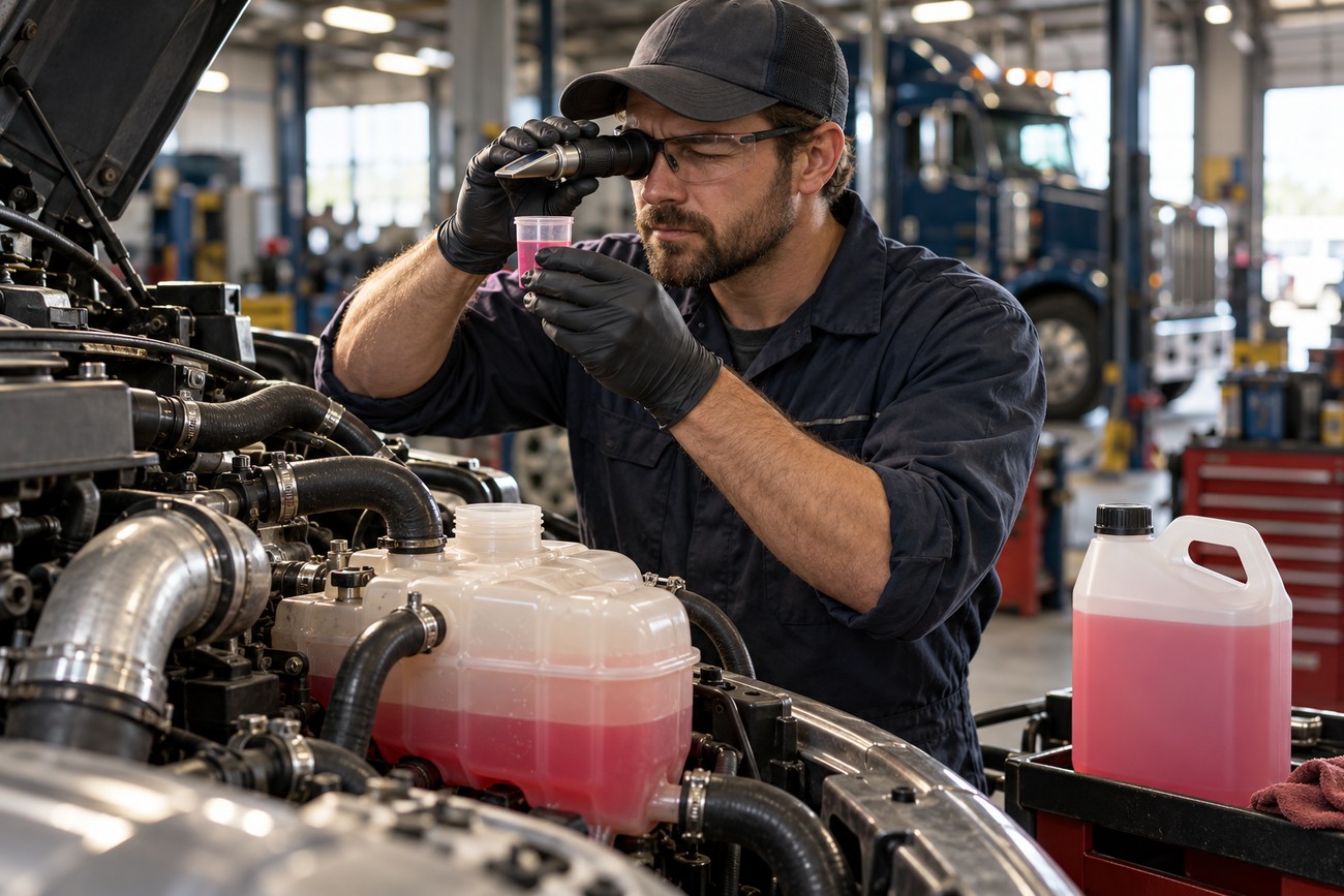 A mechanic wearing safety glasses and black gloves tests pink coolant with a refractometer near an engine bay