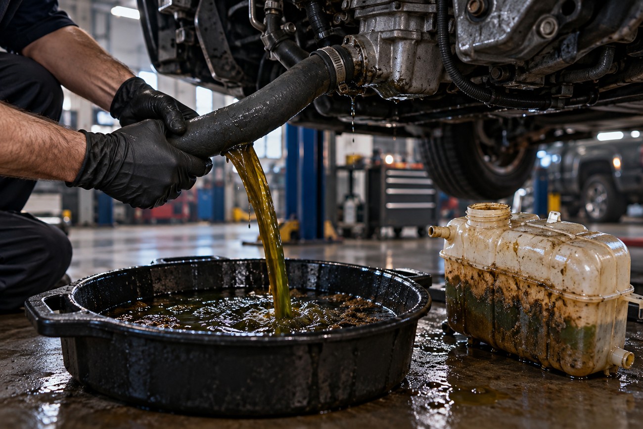 Mechanic wearing black gloves draining old contaminated coolant from a vehicle hose into a drain pan