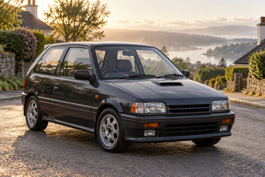 Dark grey Daihatsu Charade GTti hot hatch parked on a coastal street during golden hour
