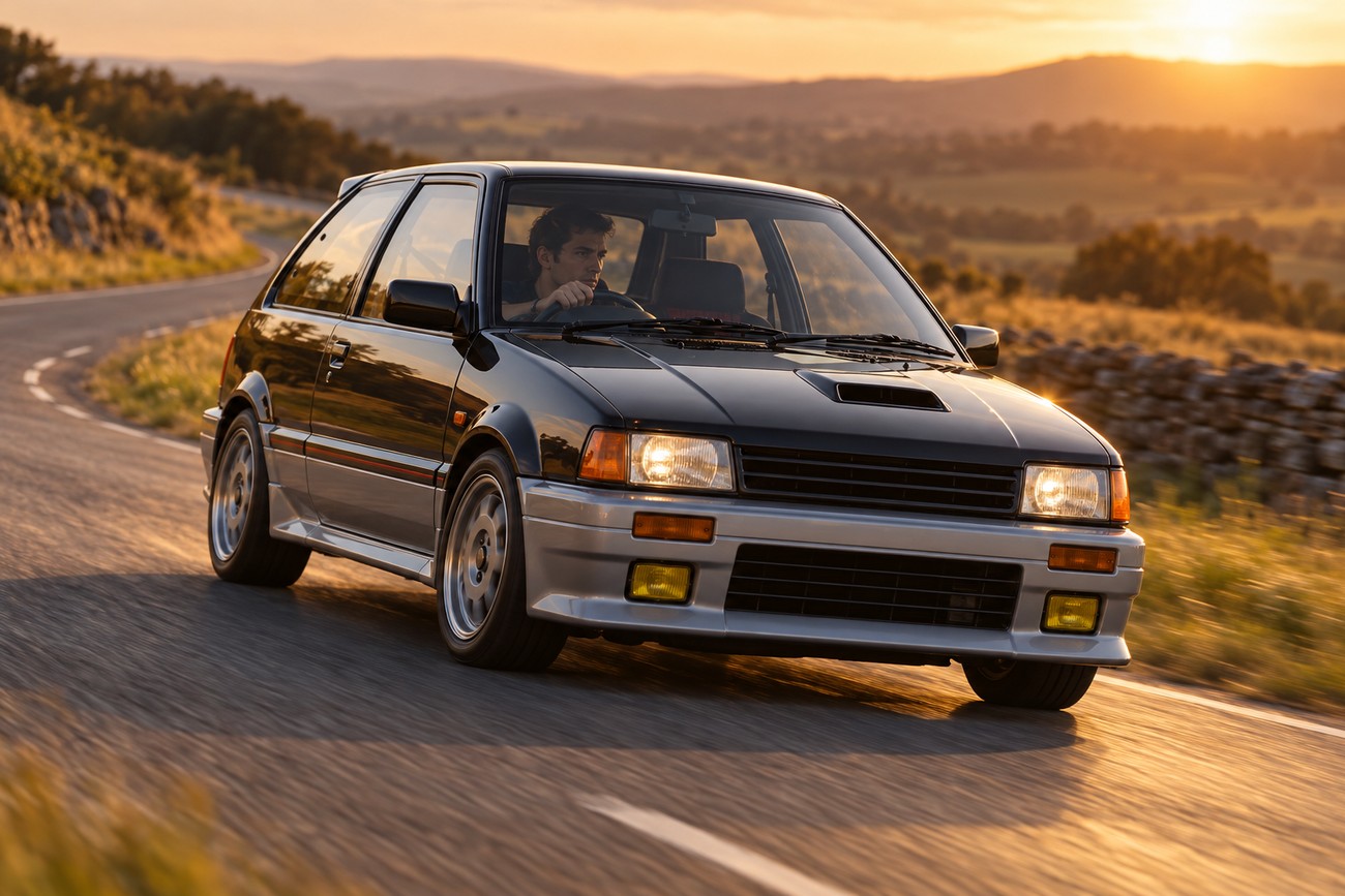 A black Daihatsu Charade GTti hot hatch driving on a winding countryside road at sunset