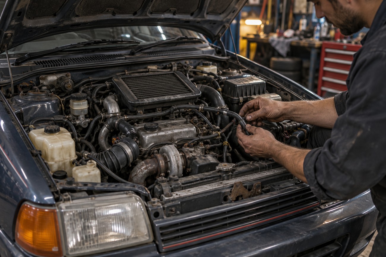 Mechanic working on the turbocharged three-cylinder engine bay of a Daihatsu Charade GTti in a workshop