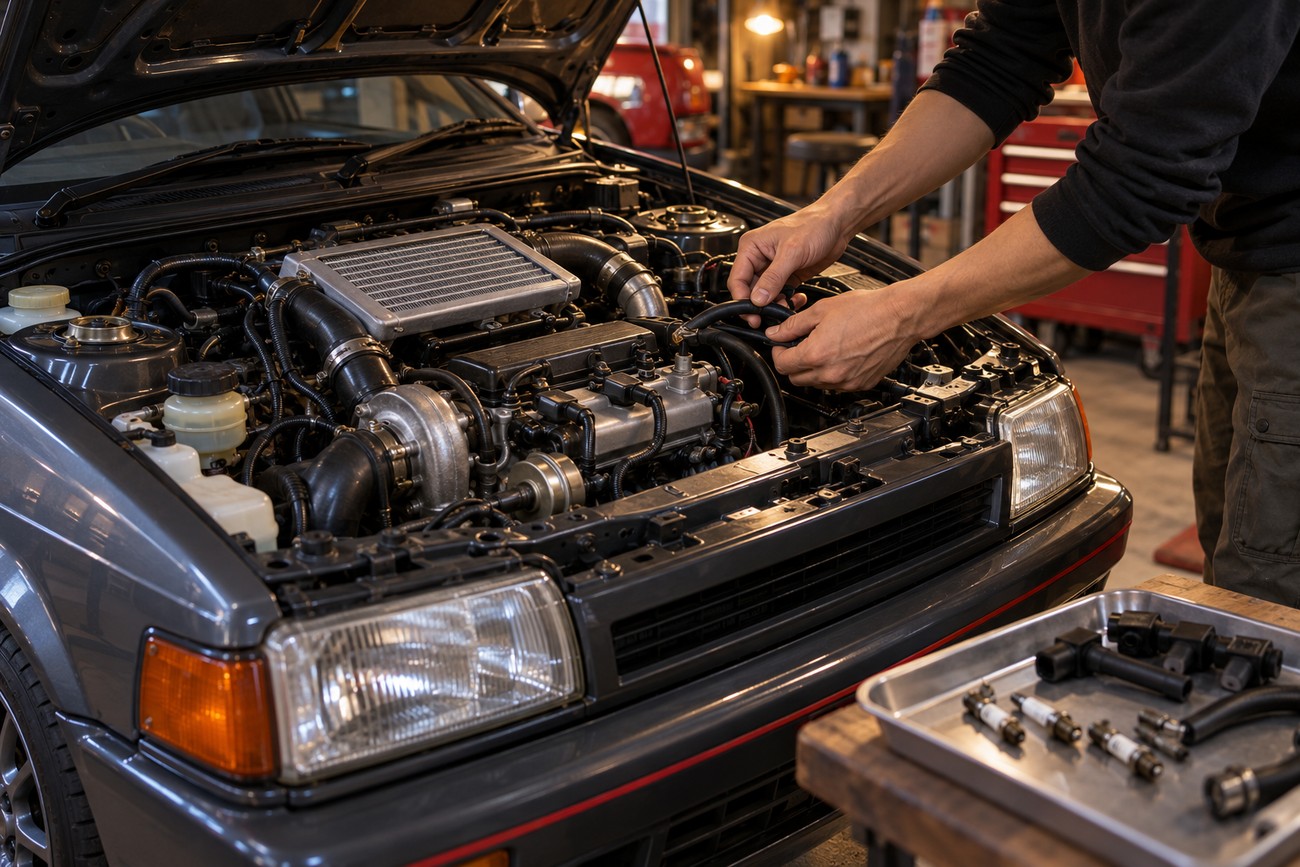 Mechanic working on the turbocharged three-cylinder engine of a classic Daihatsu Charade GTti in a workshop