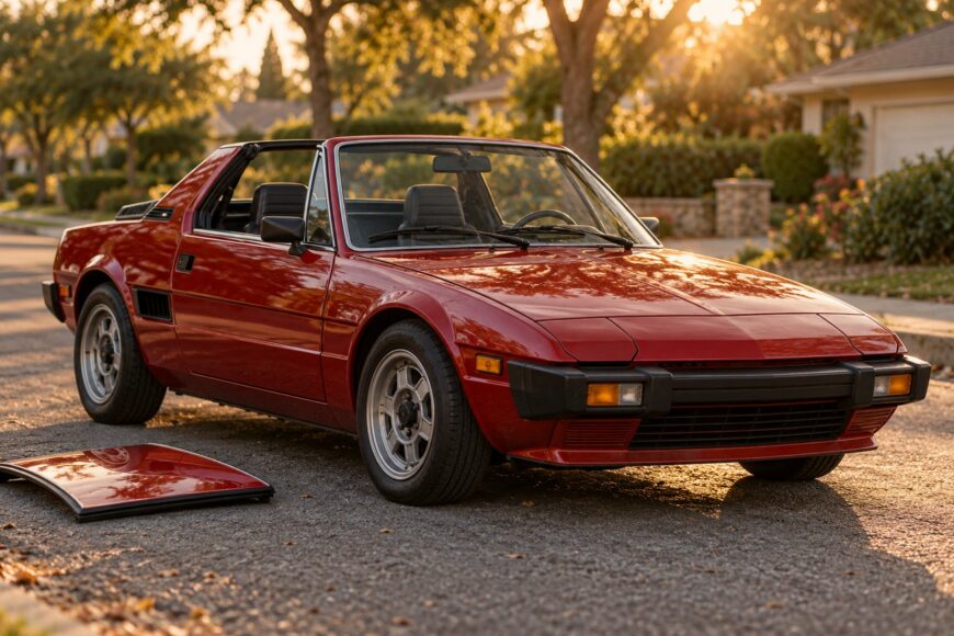Classic red Fiat X1/9 mid-engined targa sports car parked on a suburban street at sunset with its roof panel on the ground