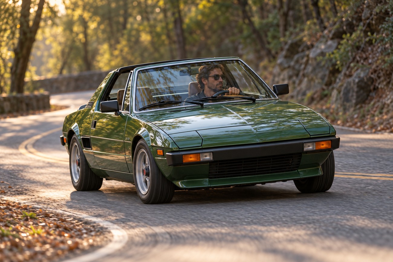 A man driving a vintage green Fiat X1/9 targa sports car along a winding mountain road surrounded by trees