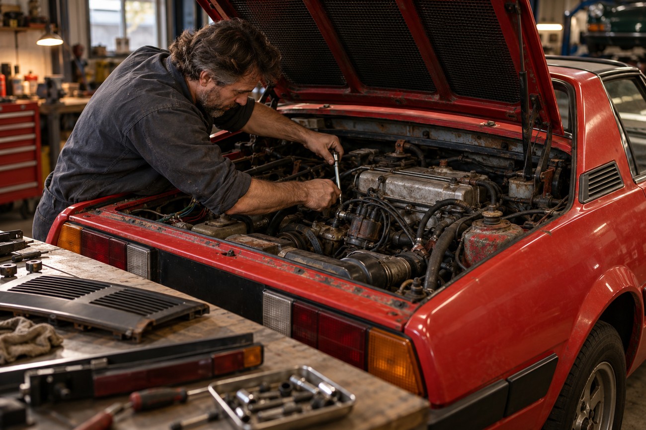 A mechanic working on the mid-mounted engine of a classic red Fiat X1/9 sports car in a garage