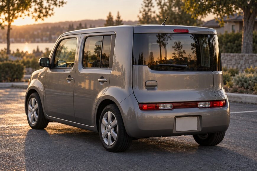Rear view of a silver Nissan Cube showing its signature wrap-around asymmetrical rear window parked in a lot at sunset